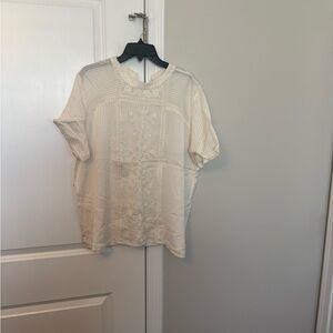 LOFT Cream Embroidered Short Sleeve Blouse